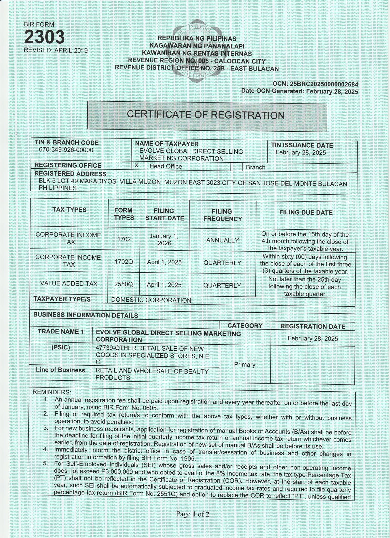 BIR Certificate