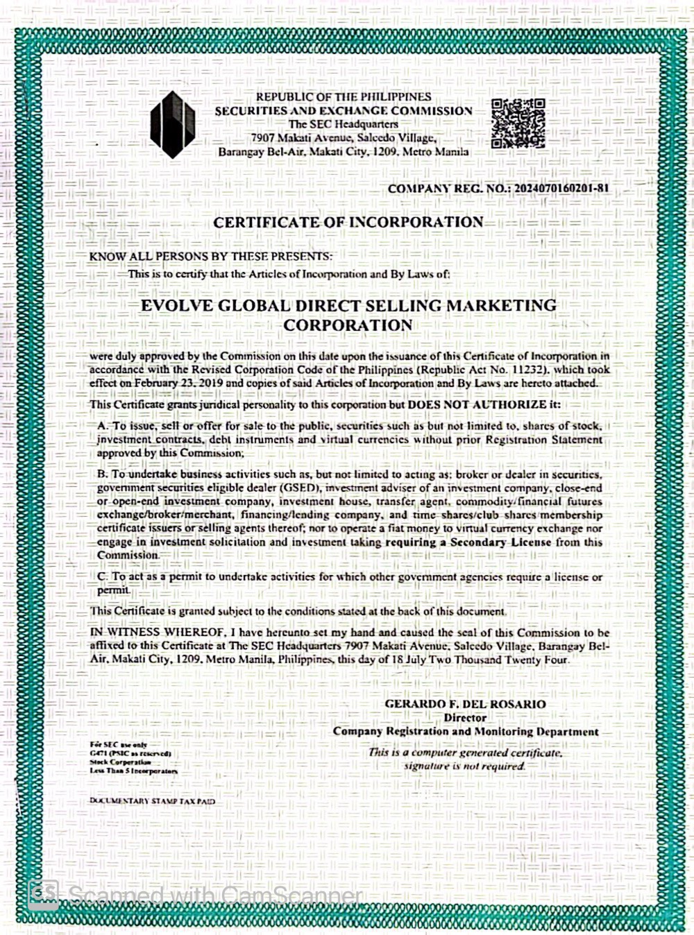 SEC Certificate