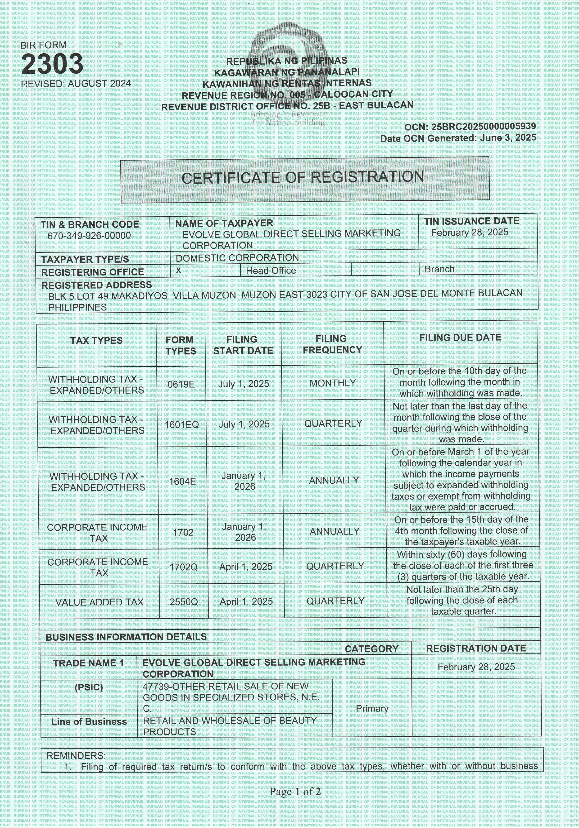 BIR Certificate