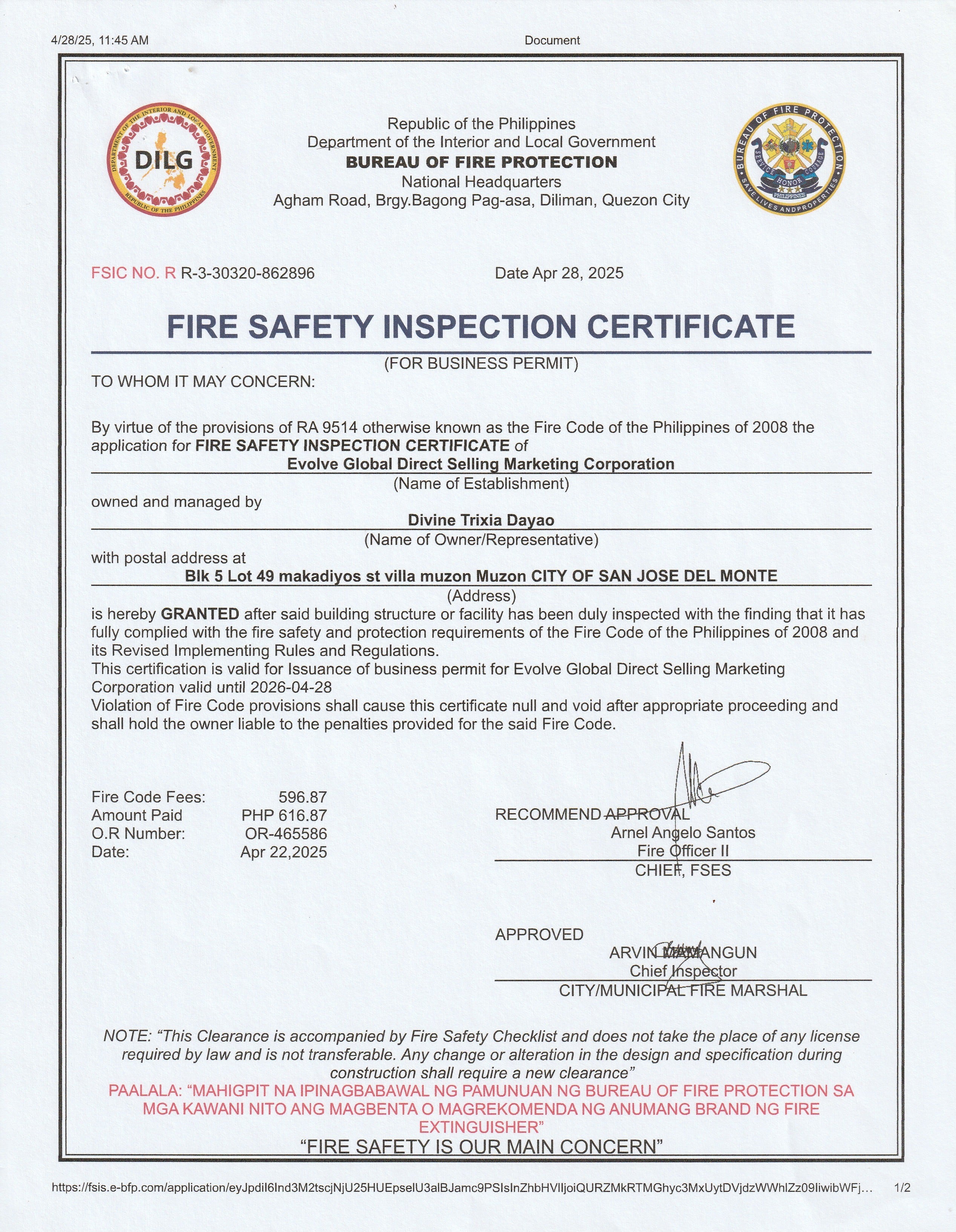 Fire Safety Inspection Certificate