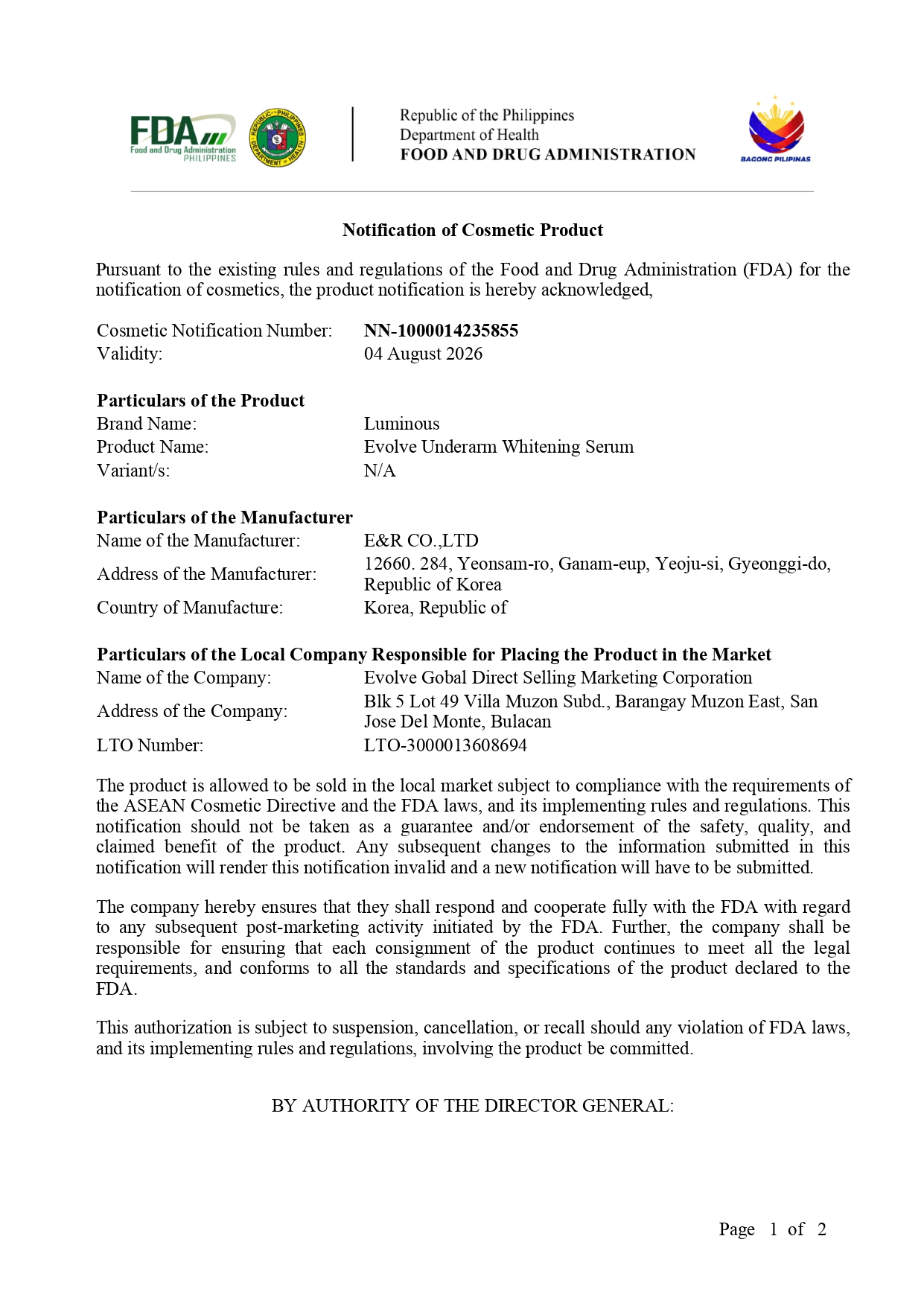 Cosmetic Product Notification - Serum Page 1