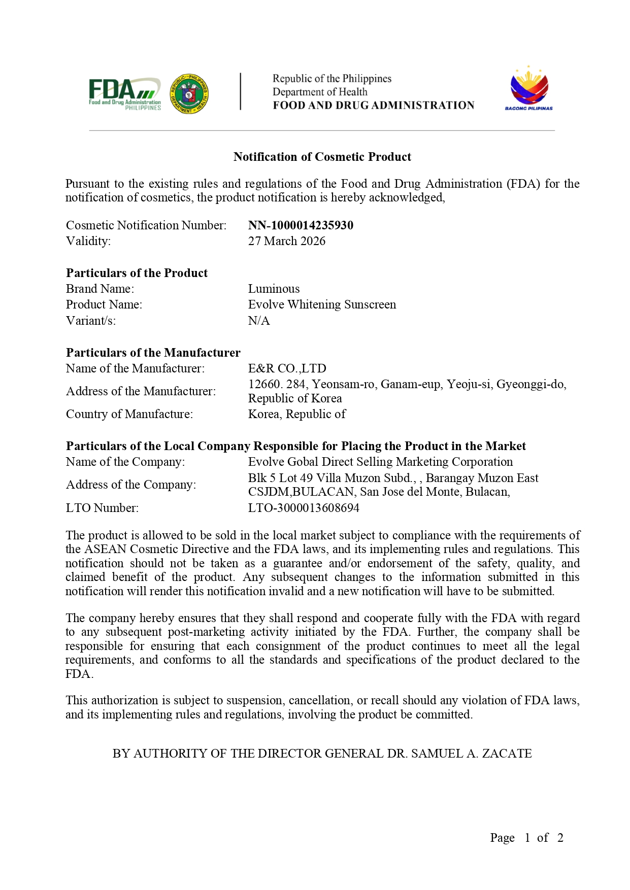 Cosmetic Product Notification - Sunscreen Page 1