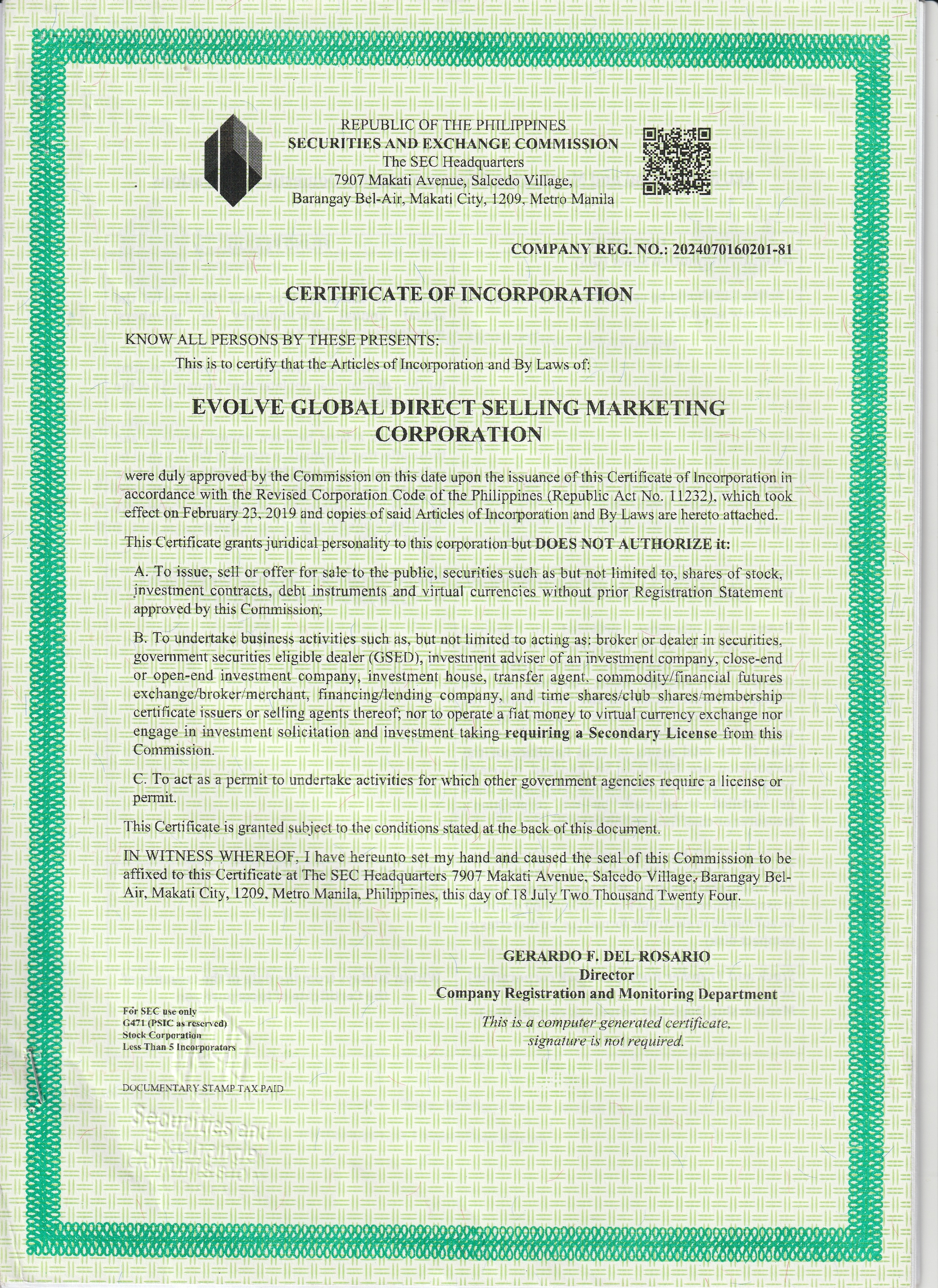 SEC Certificate